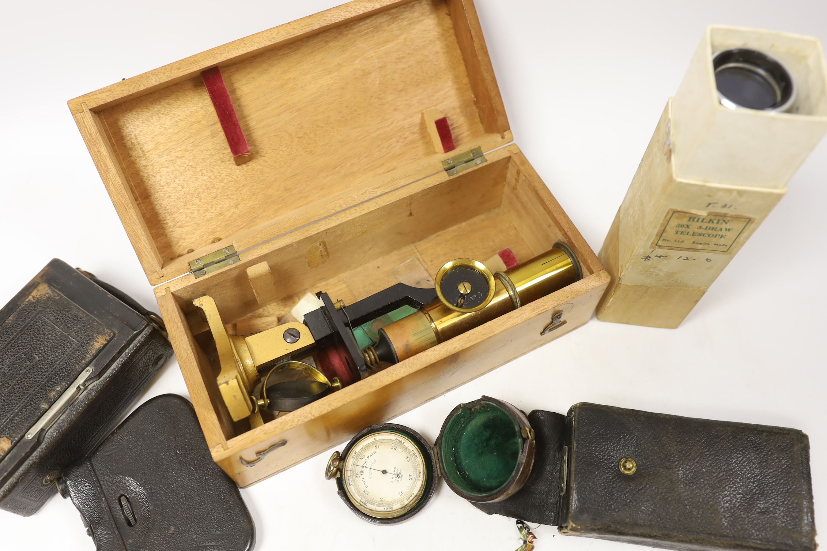 J. Hicks, a pocket barometer, a boxed microscope, a telescope, etc., microscope box 24cm wide x 9cm high (6)